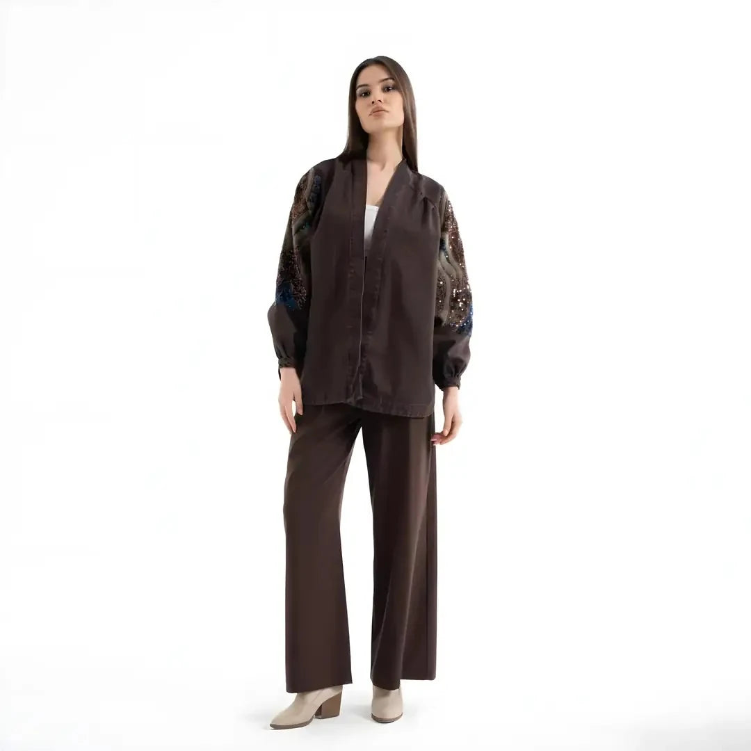 Taş İşlemeli Uzun Kollu Pamuk Kimono