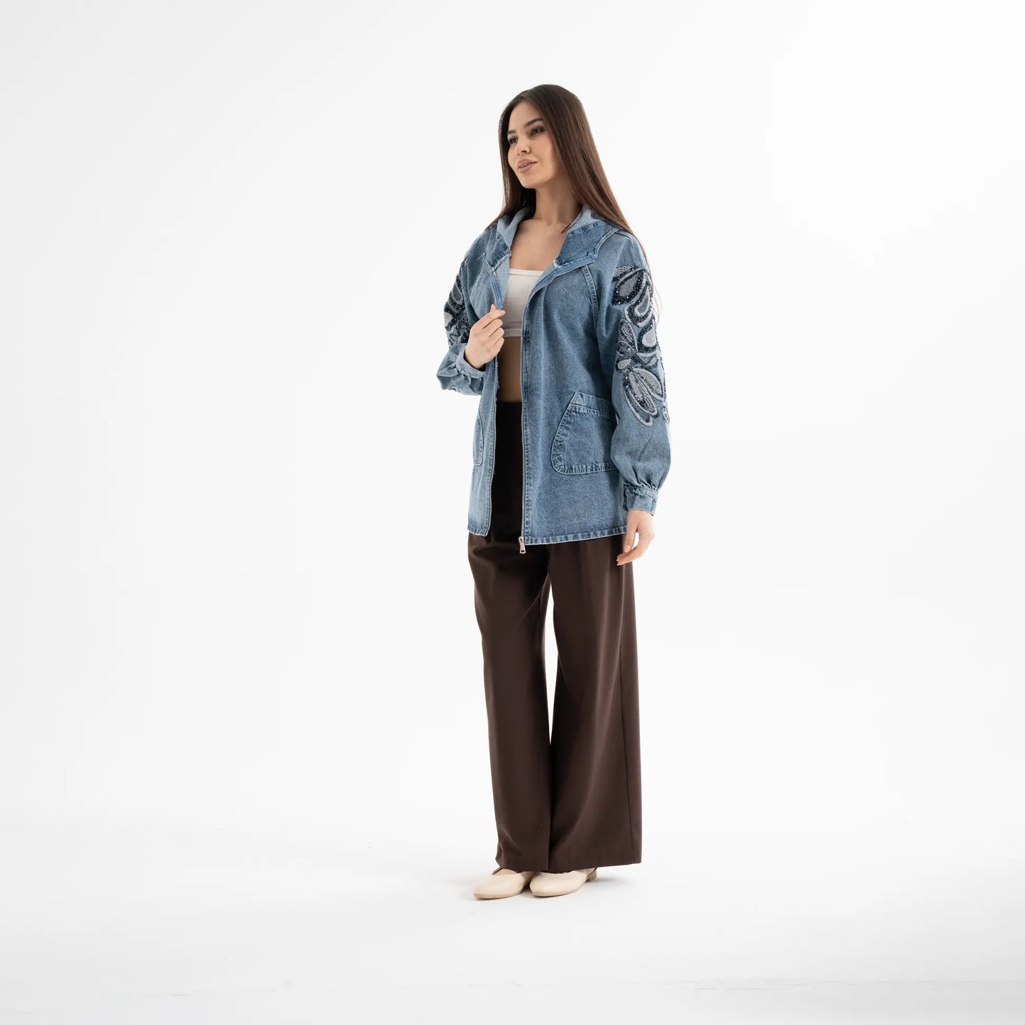 Nakış Detaylı Denim Kapüşonlu Kot Ceket