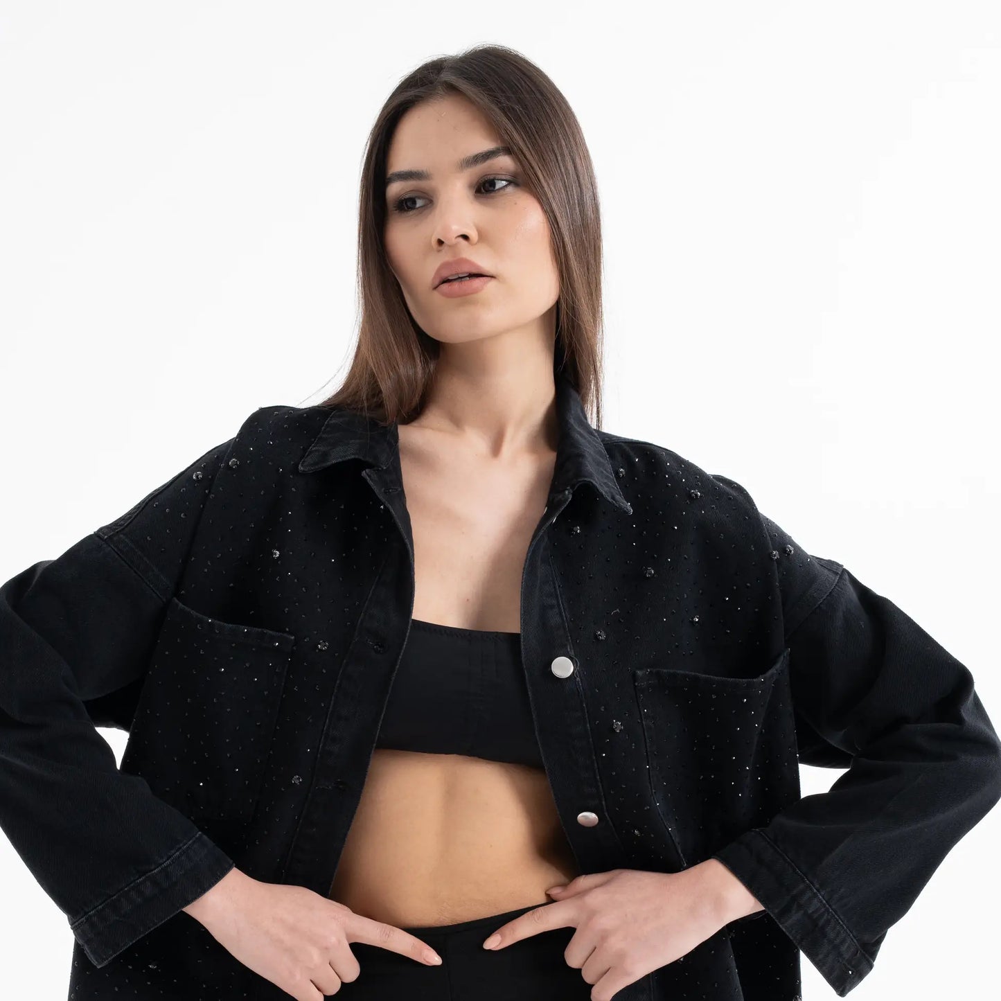 Taş İşlemeli Denim Siyah Kot Ceket