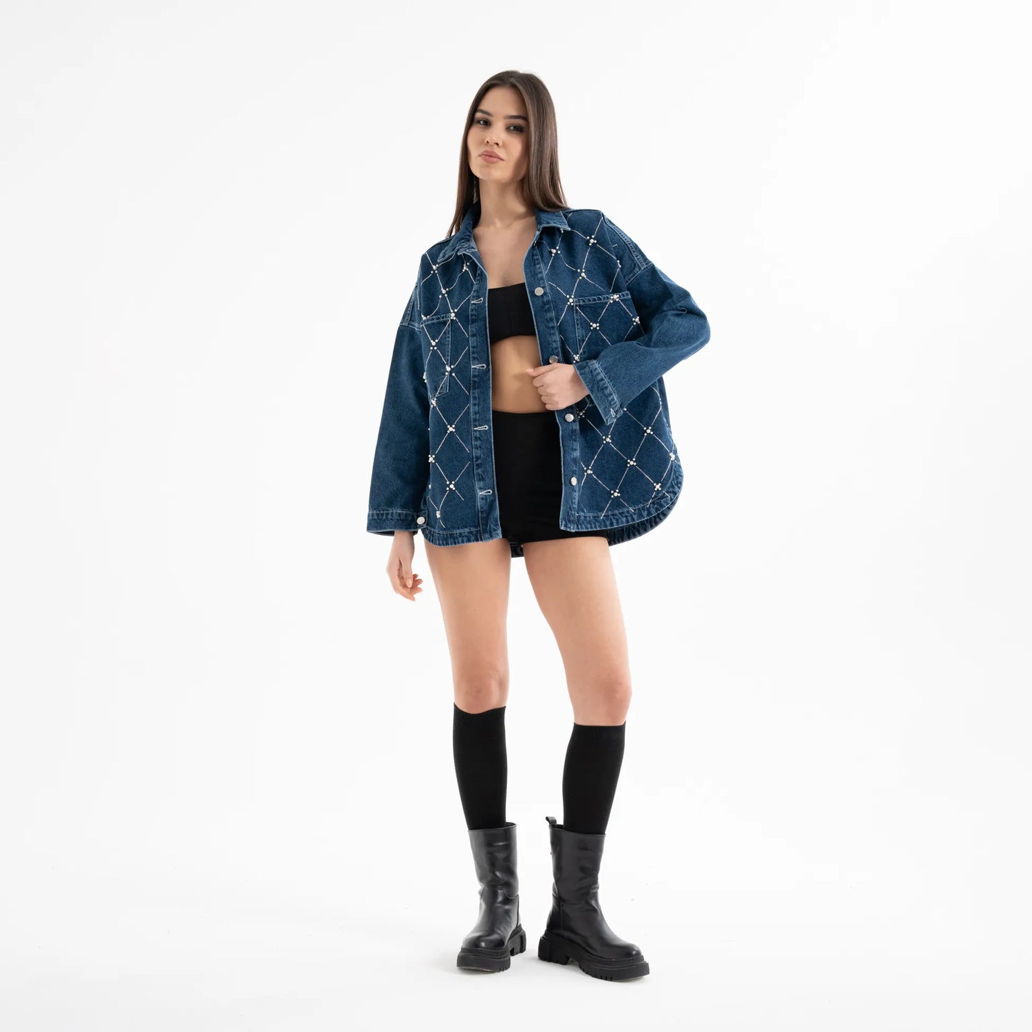 İnci İşleme Detaylı Denim Kot Ceket