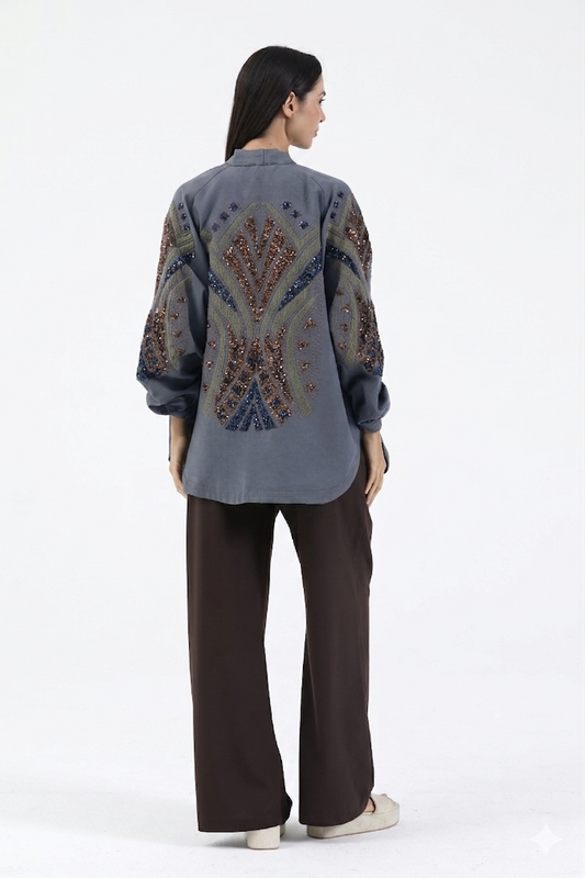 Nakış İşlemeli Taşlı Mevsimlik Keten Kimono