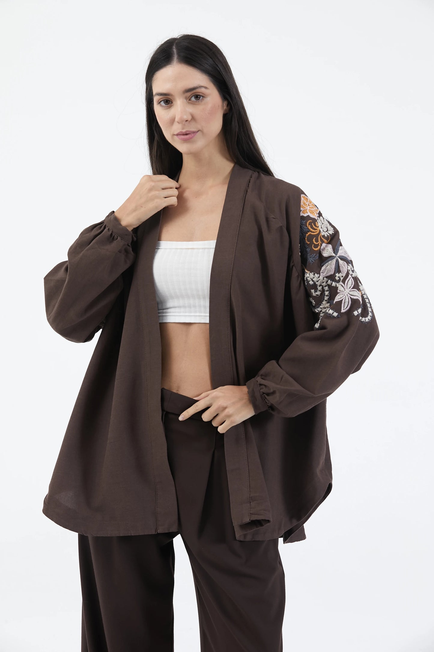 Acı Kahve Nakış İşlemeli Mevsimlik Keten Kimono