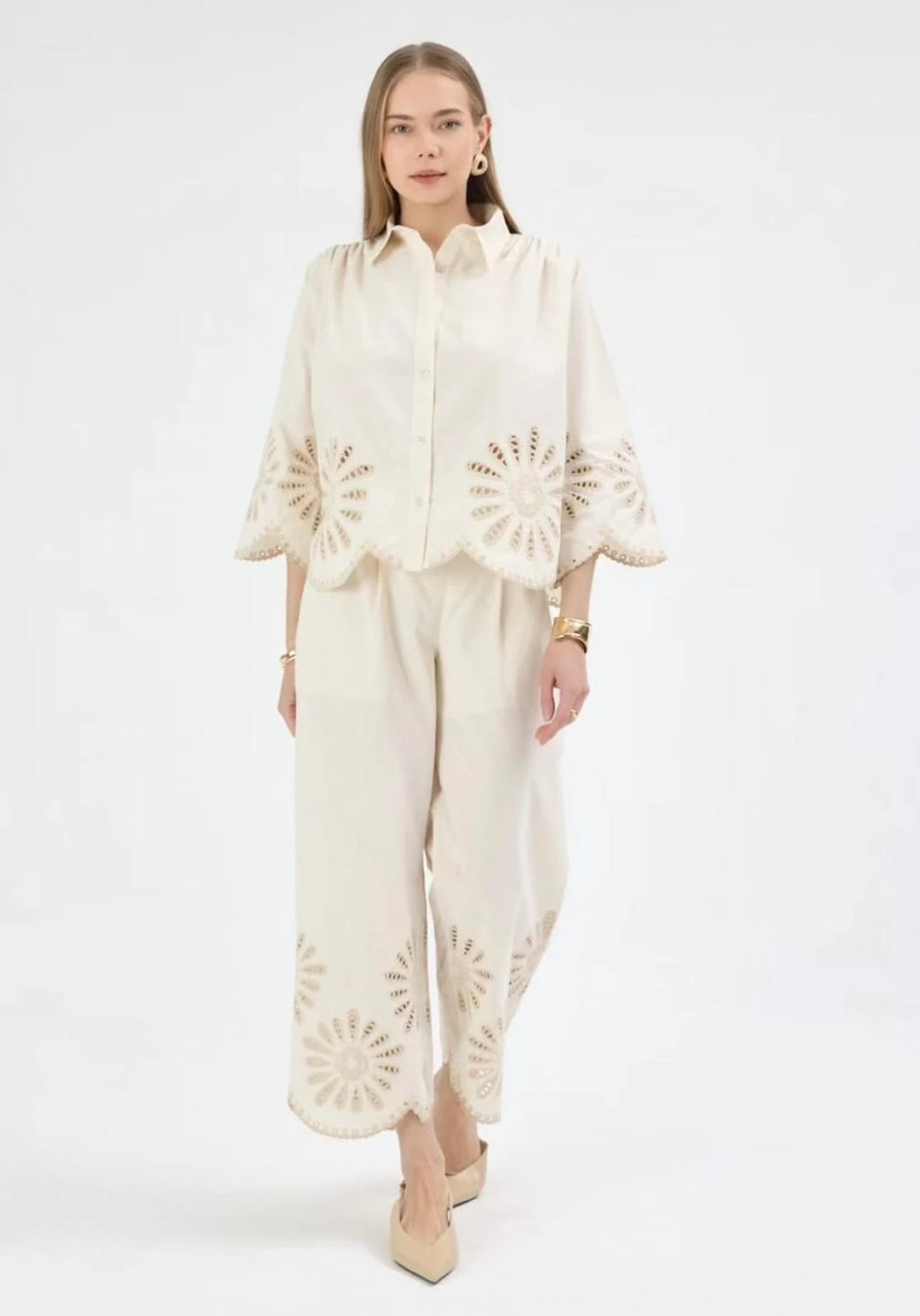 Nakışlı %100 Cotton Gömlek- Pantolon Takım
