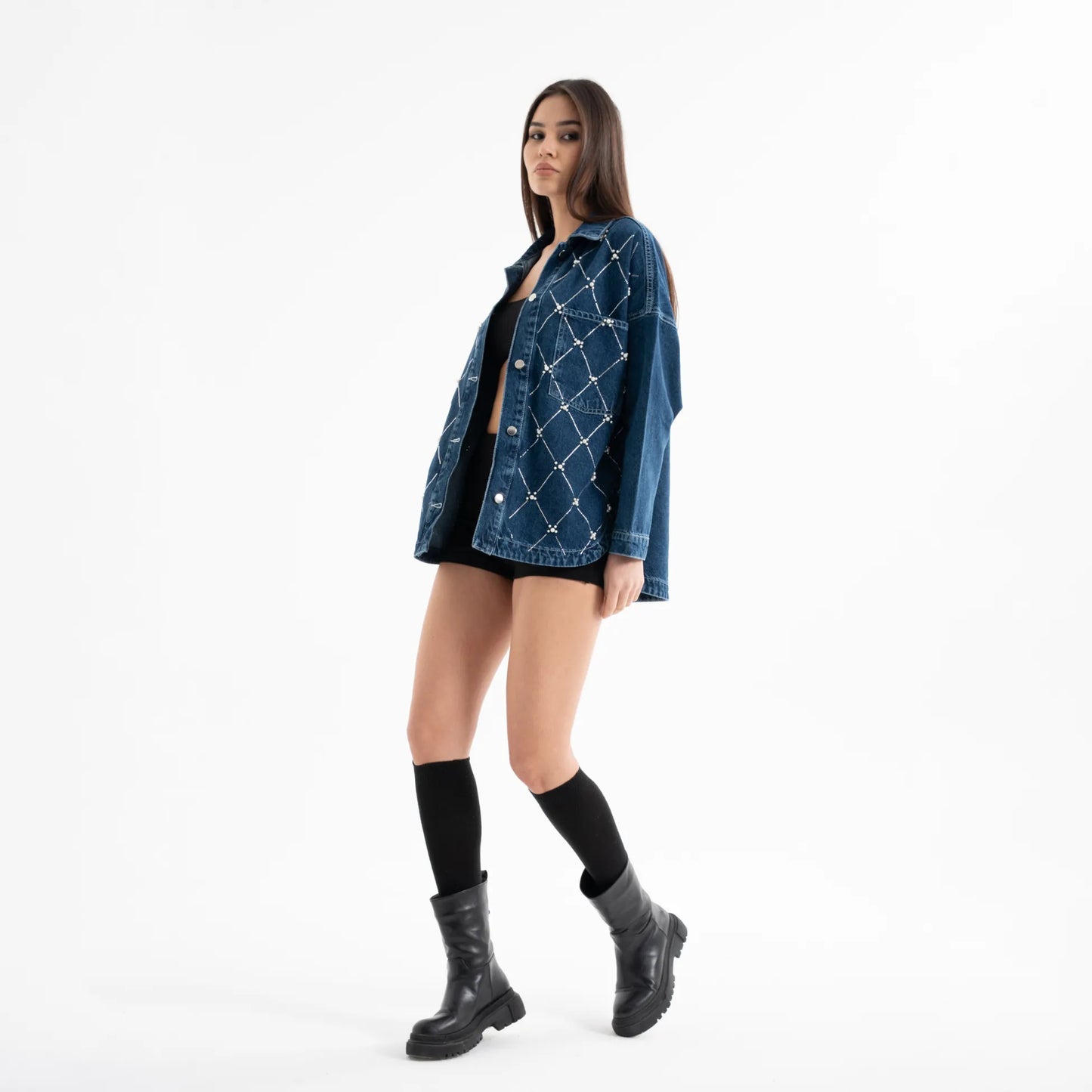 İnci İşleme Detaylı Denim Kot Ceket