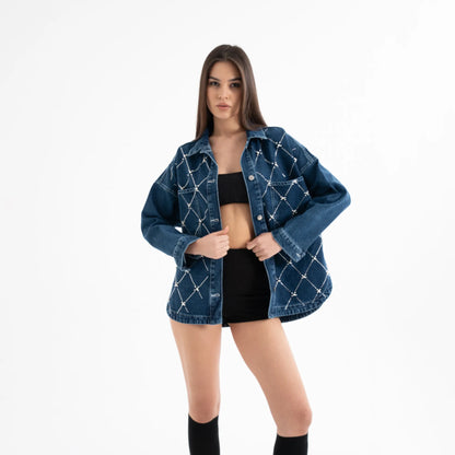 İnci İşleme Detaylı Denim Kot Ceket