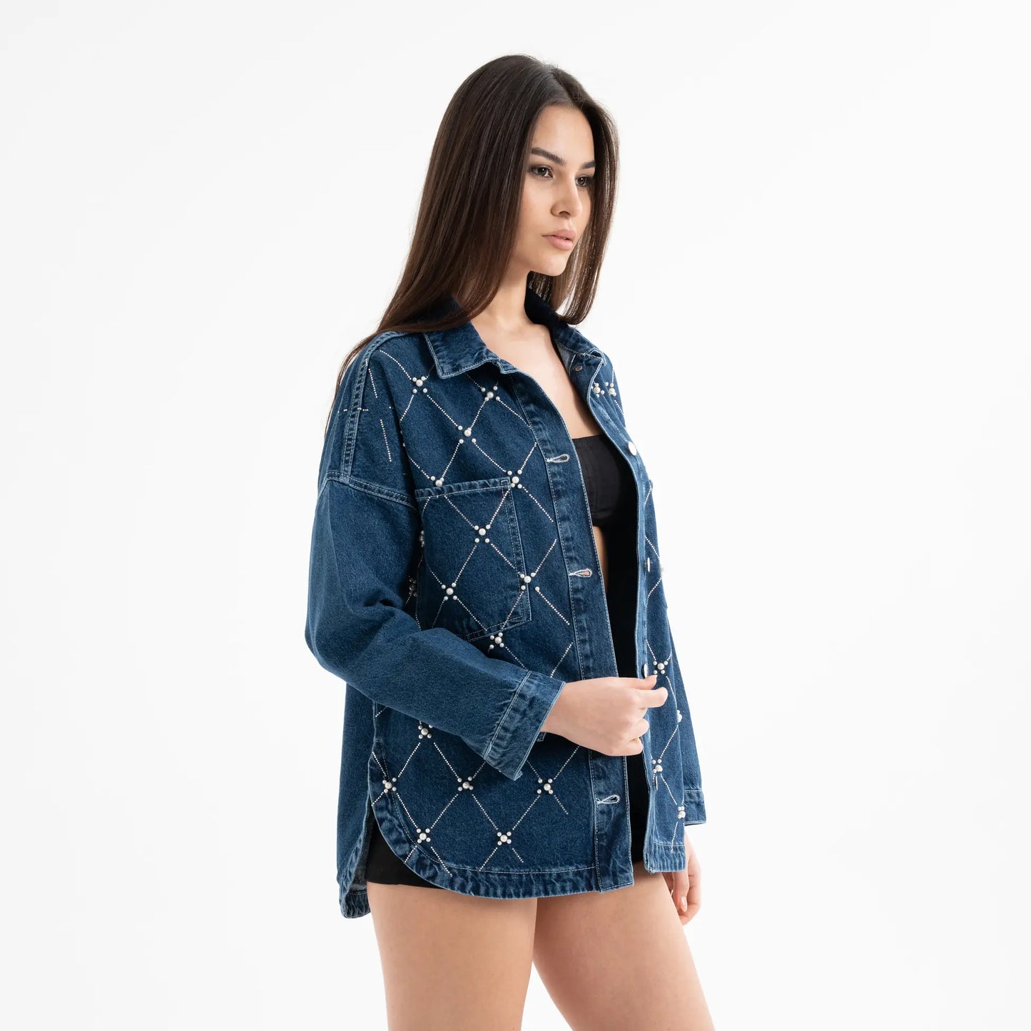 İnci İşleme Detaylı Denim Kot Ceket