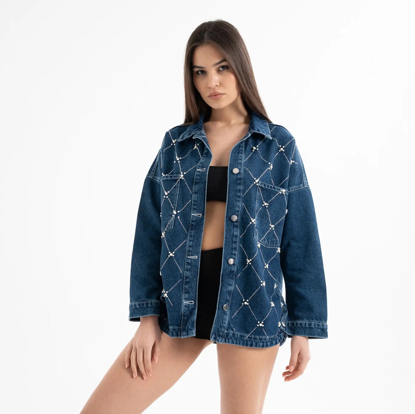 İnci İşleme Detaylı Denim Kot Ceket