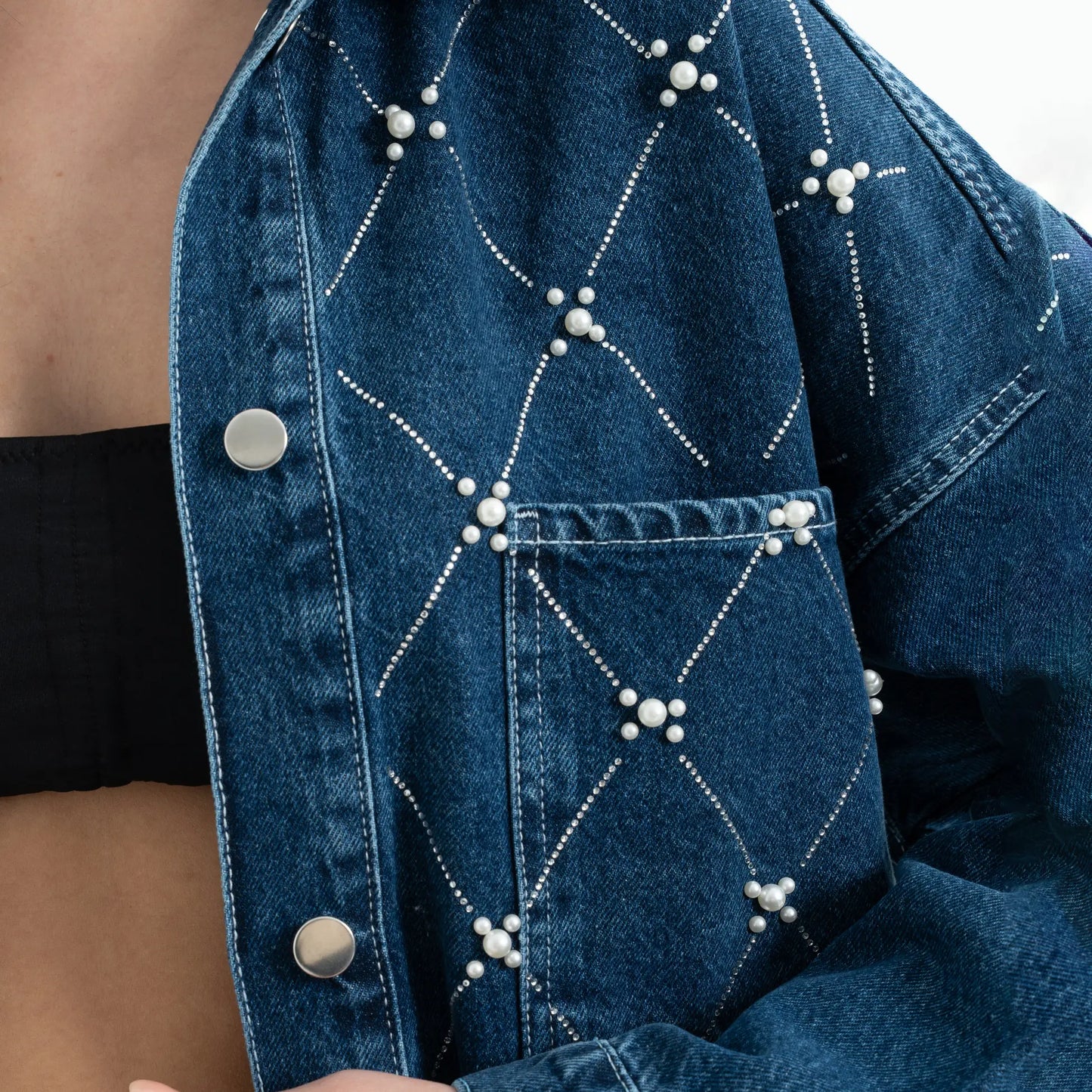İnci İşleme Detaylı Denim Kot Ceket