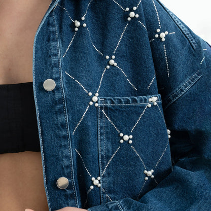 İnci İşleme Detaylı Denim Kot Ceket