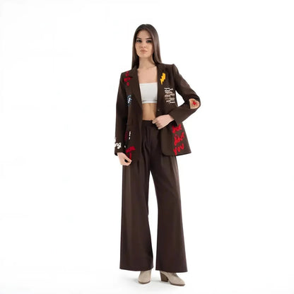 Nakış İşlemeli Uzun Kollu Pamuk Blazer Ceket