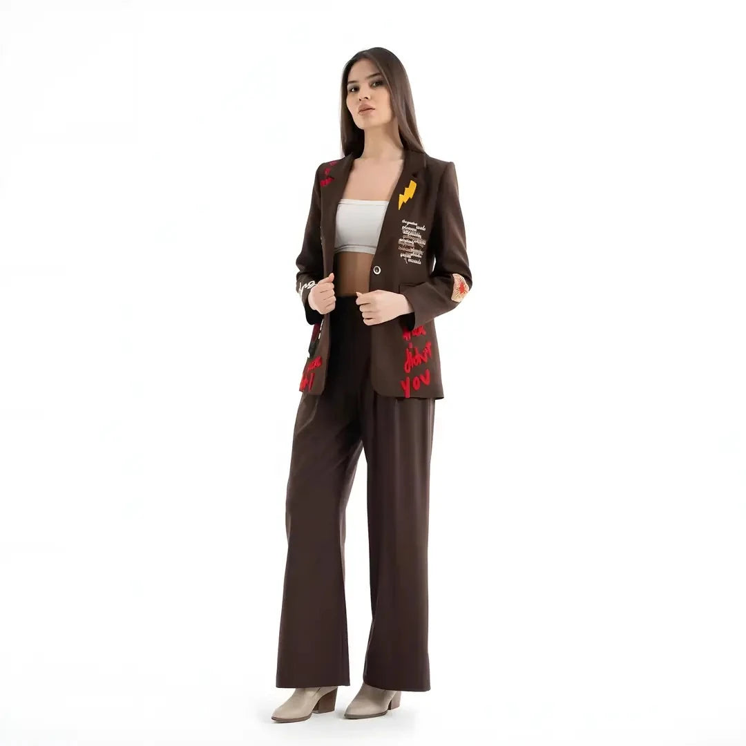 Nakış İşlemeli Uzun Kollu Pamuk Blazer Ceket