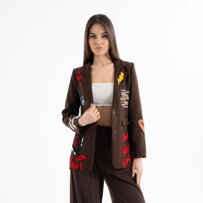 Nakış İşlemeli Uzun Kollu Pamuk Blazer Ceket