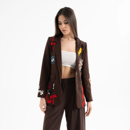 Nakış İşlemeli Uzun Kollu Pamuk Blazer Ceket
