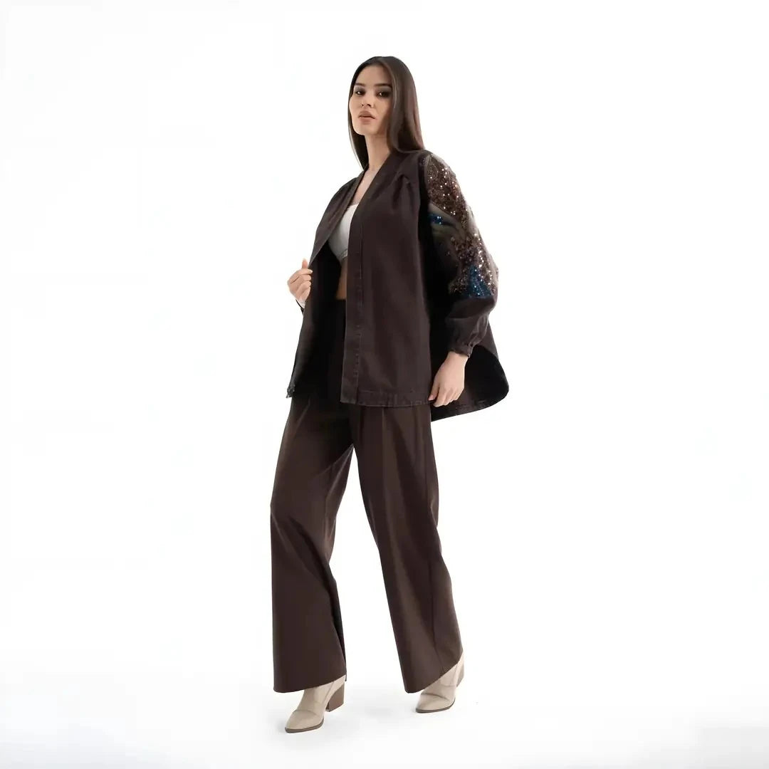 Taş İşlemeli Uzun Kollu Pamuk Kimono