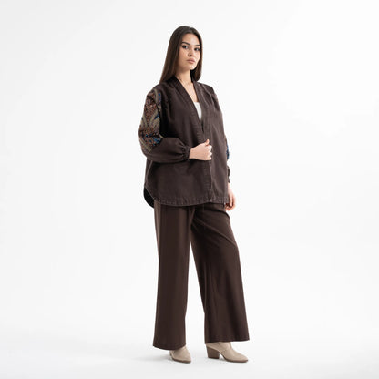 Taş İşlemeli Uzun Kollu Pamuk Kimono
