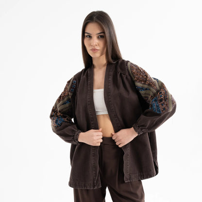 Taş İşlemeli Uzun Kollu Pamuk Kimono