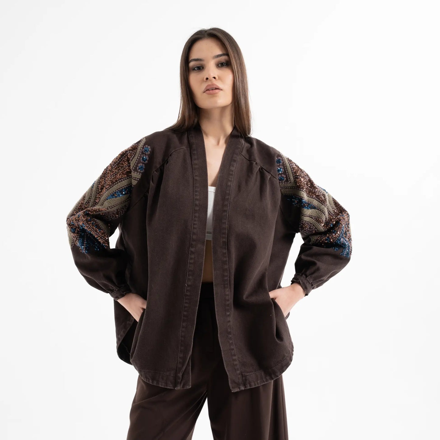 Taş İşlemeli Uzun Kollu Pamuk Kimono