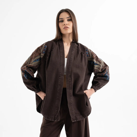 Taş İşlemeli Uzun Kollu Pamuk Kimono