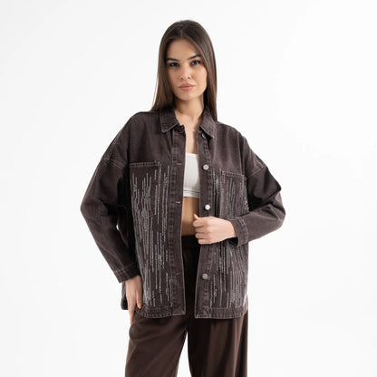 Taş İşlemeli Denim Kot Ceket