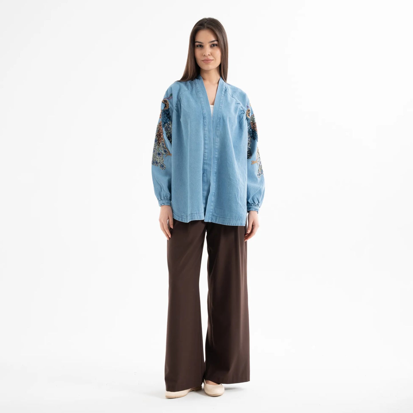 Kuşlu Taş İşlemeli Pamuk Nakışlı Kot Kimono