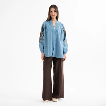 Kuşlu Taş İşlemeli Pamuk Nakışlı Kot Kimono