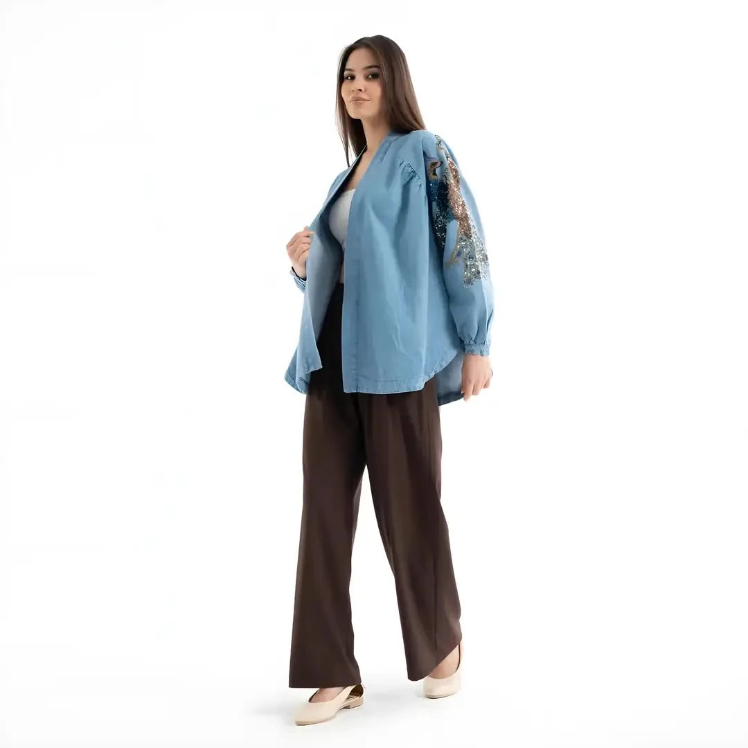 Kuşlu Taş İşlemeli Pamuk Nakışlı Kot Kimono