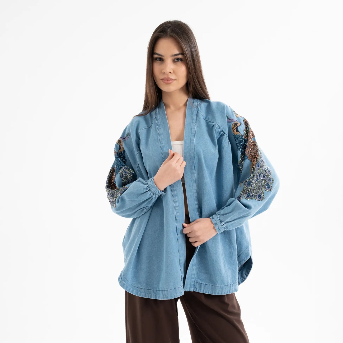 Kuşlu Taş İşlemeli Pamuk Nakışlı Kot Kimono