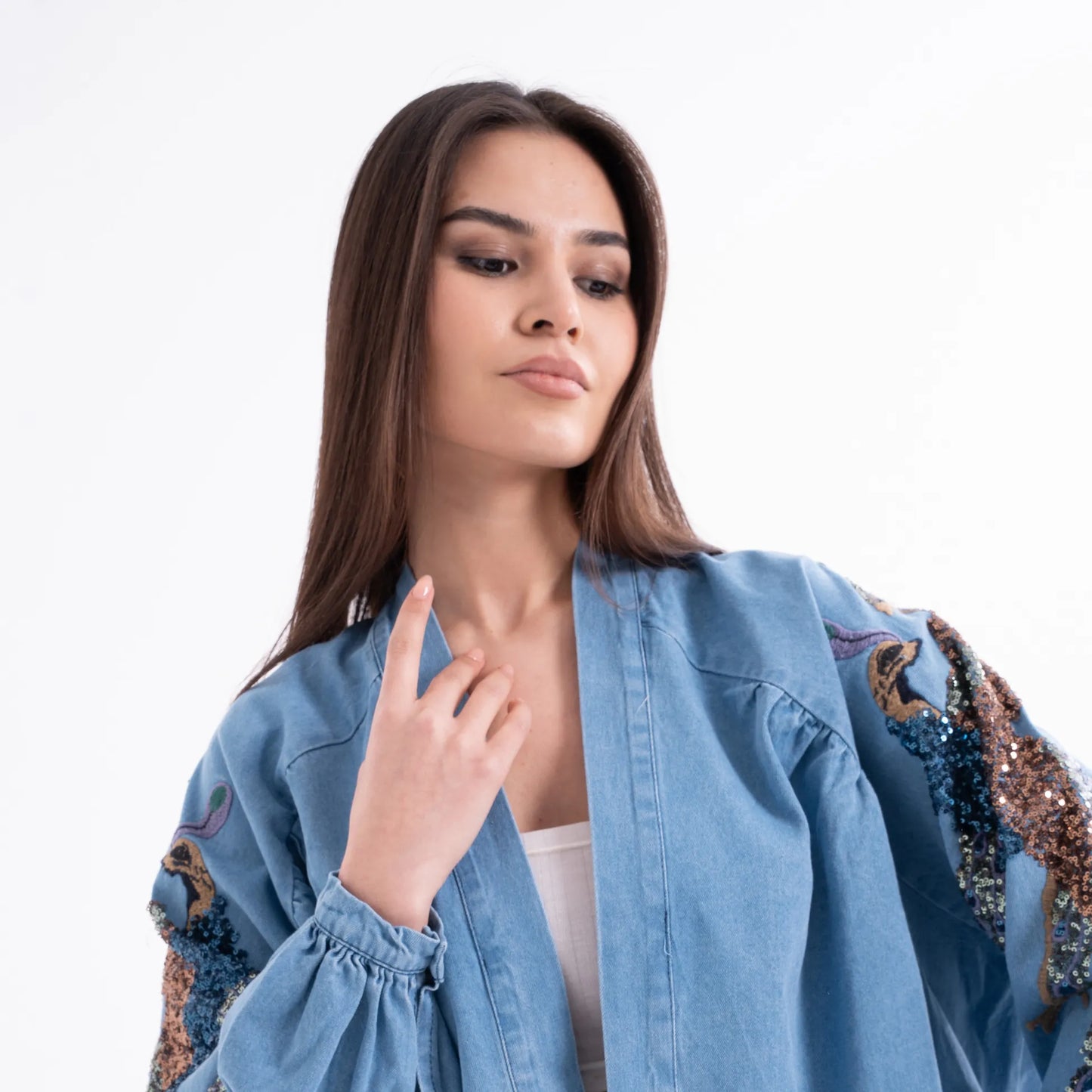 Kuşlu Taş İşlemeli Pamuk Nakışlı Kot Kimono
