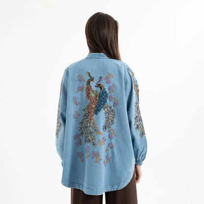 Kuşlu Taş İşlemeli Pamuk Nakışlı Kot Kimono
