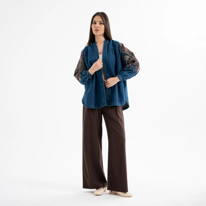 Kuş Taş İşlemeli Pamuk Nakışlı Kot Kimono