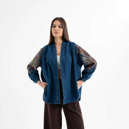Kuş Taş İşlemeli Pamuk Nakışlı Kot Kimono