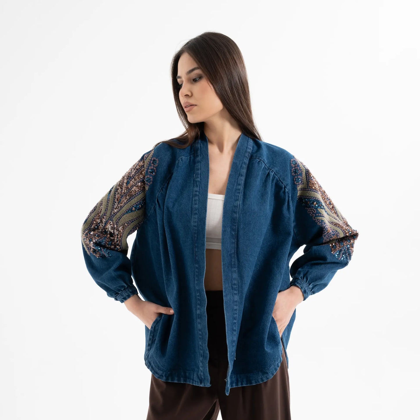 Kuş Taş İşlemeli Pamuk Nakışlı Kot Kimono