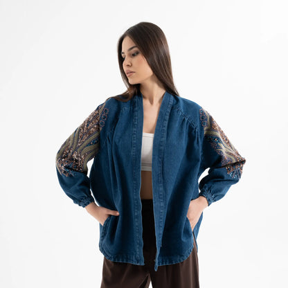 Kuş Taş İşlemeli Pamuk Nakışlı Kot Kimono