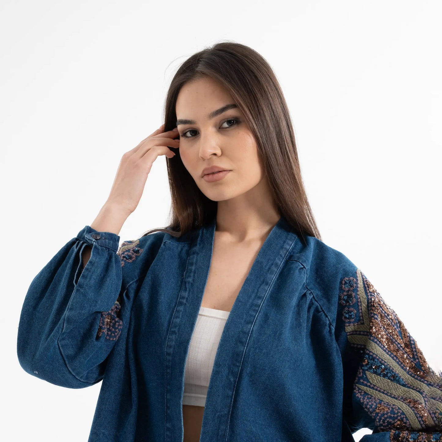 Kuş Taş İşlemeli Pamuk Nakışlı Kot Kimono