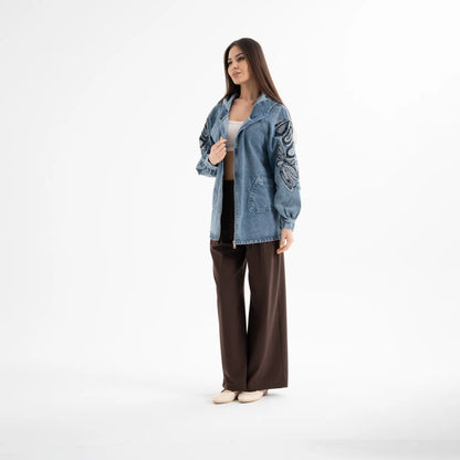 Nakış Detaylı Denim Kapüşonlu Kot Ceket