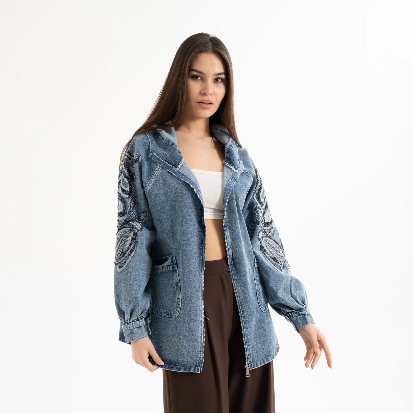 Nakış Detaylı Denim Kapüşonlu Kot Ceket