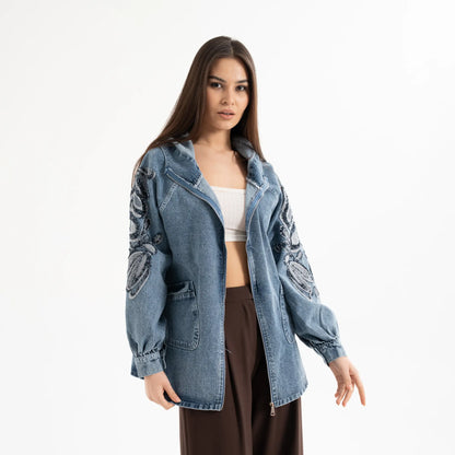 Nakış Detaylı Denim Kapüşonlu Kot Ceket