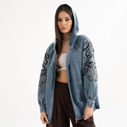 Nakış Detaylı Denim Kapüşonlu Kot Ceket