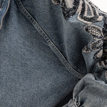 Nakış Detaylı Denim Kapüşonlu Kot Ceket