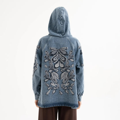 Nakış Detaylı Denim Kapüşonlu Kot Ceket