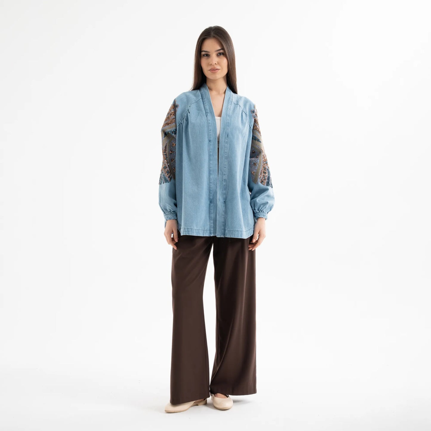 Taş İşlemeli %100 Pamuk Nakışlı Kot Kimono