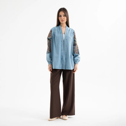 Taş İşlemeli %100 Pamuk Nakışlı Kot Kimono
