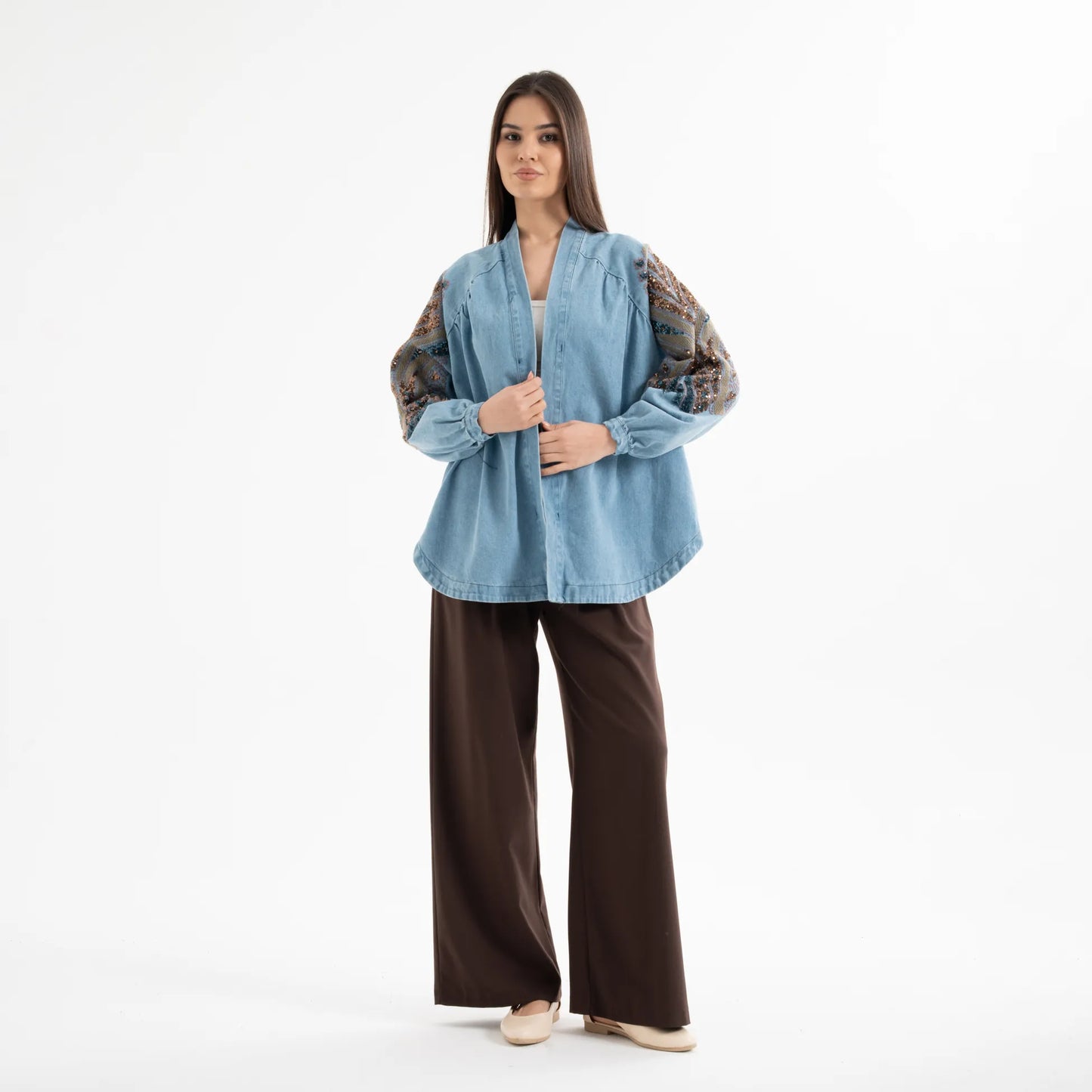 Taş İşlemeli %100 Pamuk Nakışlı Kot Kimono