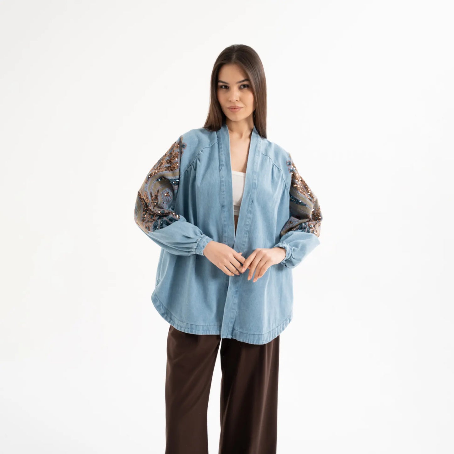 Taş İşlemeli %100 Pamuk Nakışlı Kot Kimono