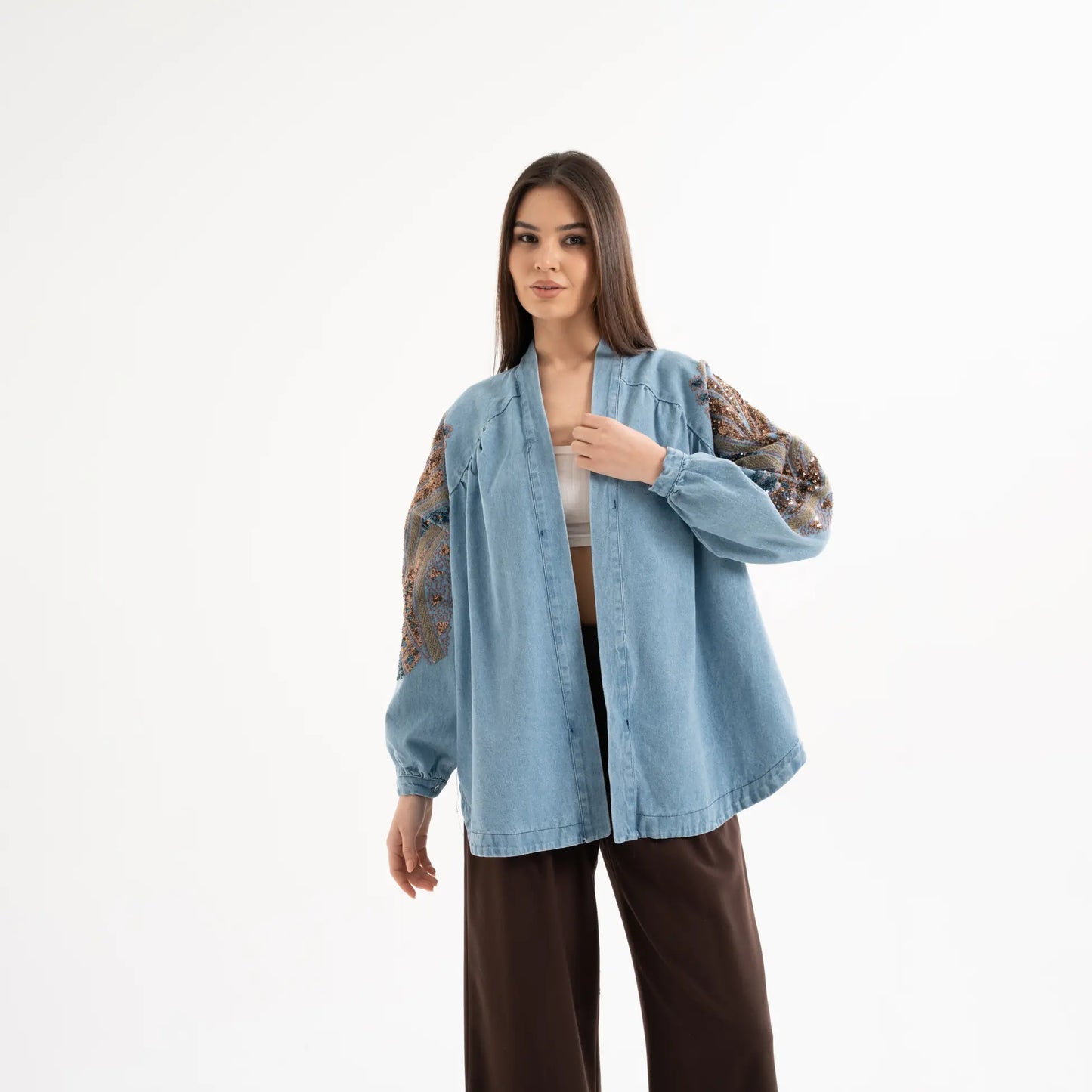 Taş İşlemeli %100 Pamuk Nakışlı Kot Kimono
