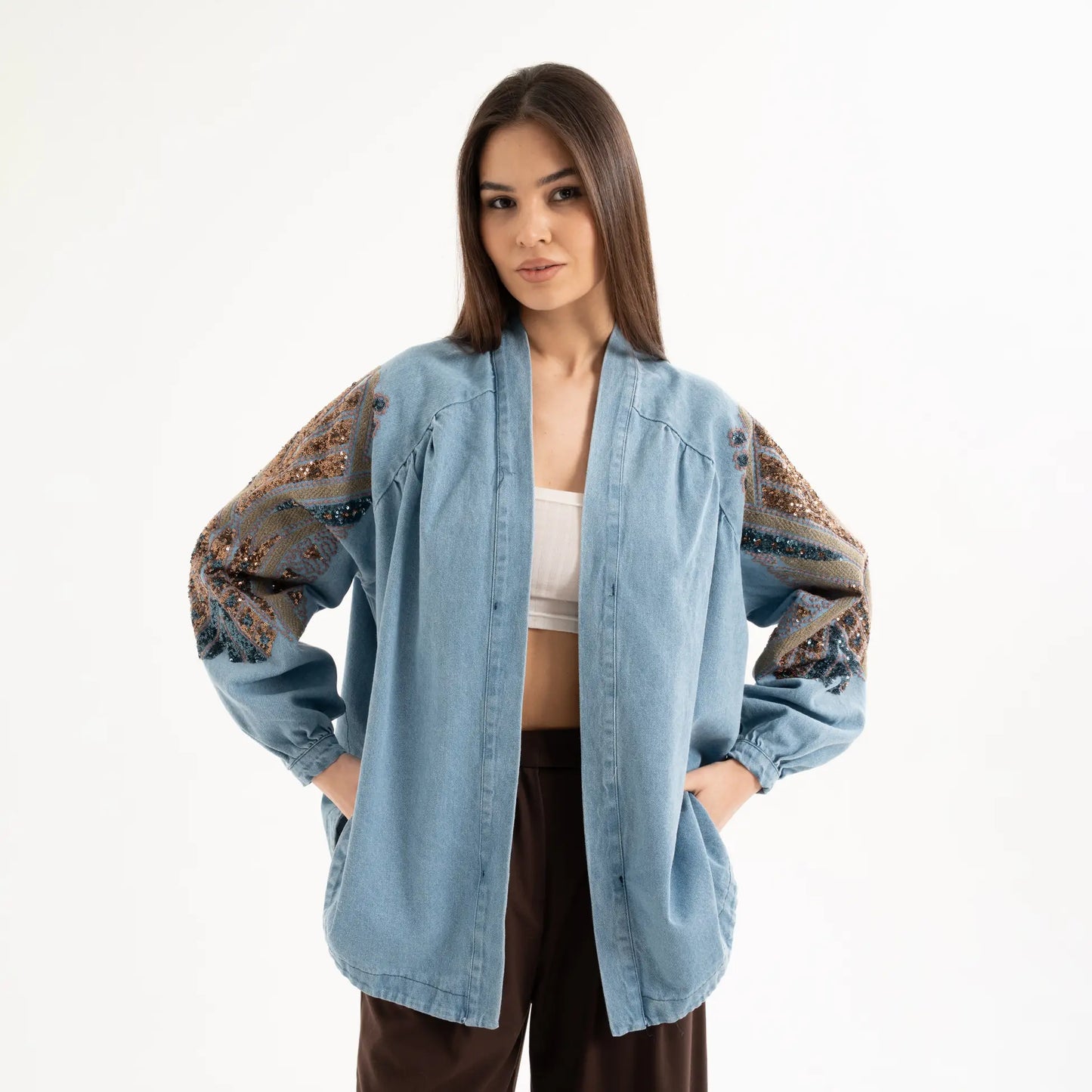Taş İşlemeli %100 Pamuk Nakışlı Kot Kimono