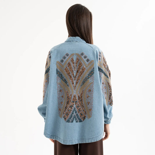 Taş İşlemeli %100 Pamuk Nakışlı Kot Kimono