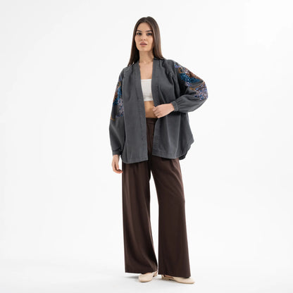 Kuşlu Taş İşlemeli Pamuk Nakışlı Kot Kimono