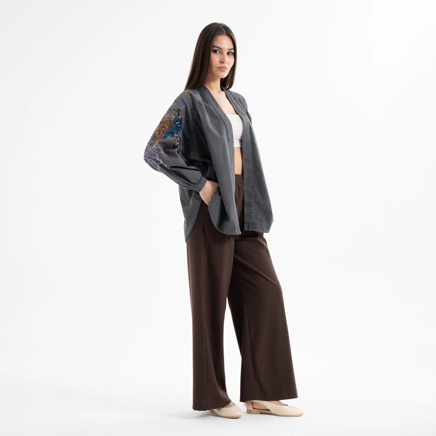Kuşlu Taş İşlemeli Pamuk Nakışlı Kot Kimono
