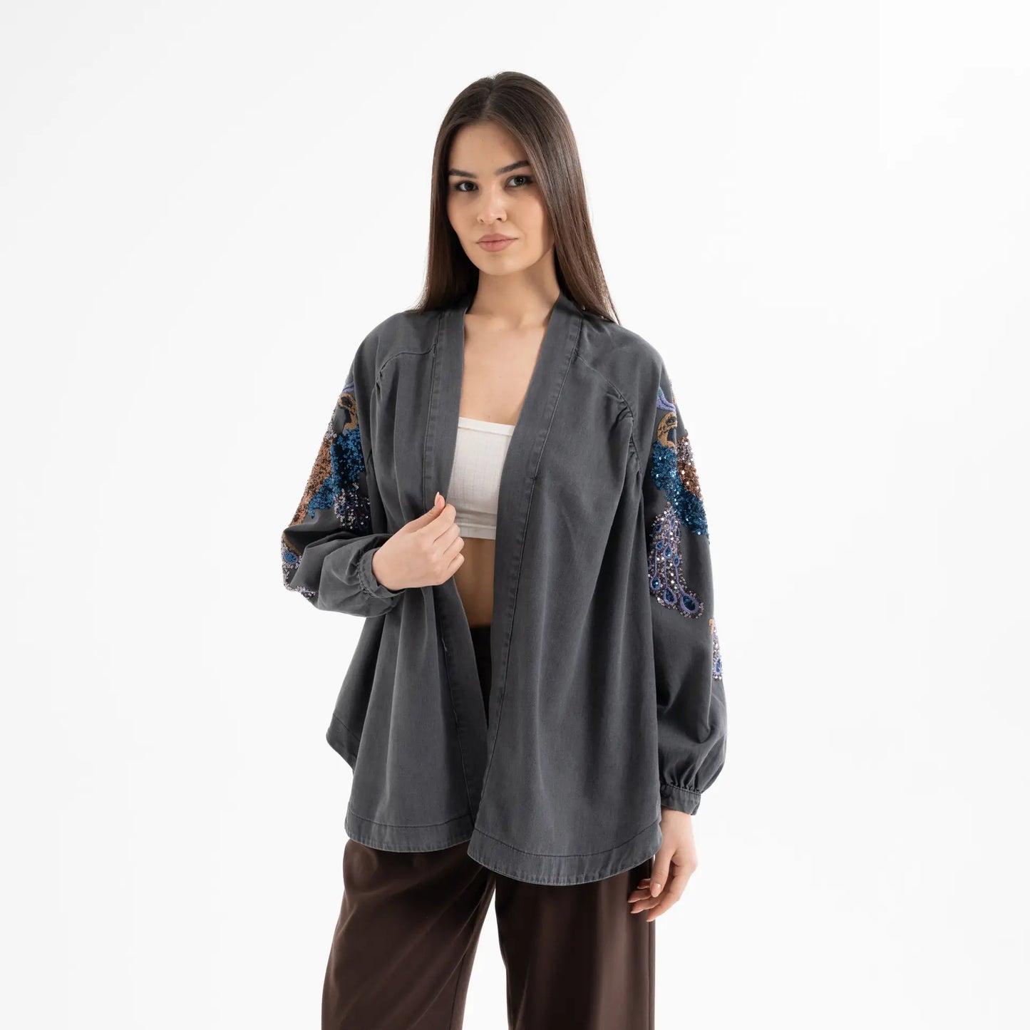 Kuşlu Taş İşlemeli Pamuk Nakışlı Kot Kimono